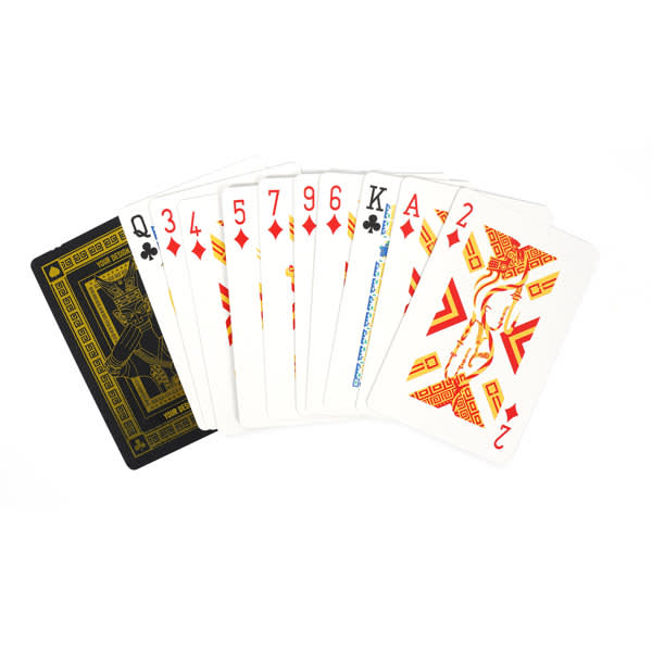 A set of playing cards featuring a black core design, with red and white patterns, and a black card at the back. A set of playing cards featuring a black core design, with red and white patterns, and a black card at the back.