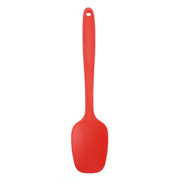 A red silicone spoon with a long handle, designed for high heat cooking, featuring a simple design. A red silicone spoon with a long handle, designed for high heat cooking, featuring a simple design.
