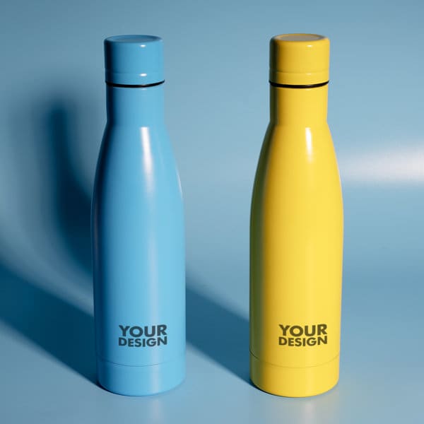 A drink bottle duo in blue and yellow, featuring a sleek design and branding detail. A drink bottle duo in blue and yellow, featuring a sleek design and branding detail.