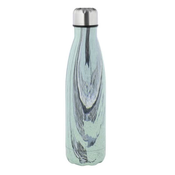 A drink bottle in a marble-patterned mint green design with a stainless steel cap and a logo. A drink bottle in a marble-patterned mint green design with a stainless steel cap and a logo.