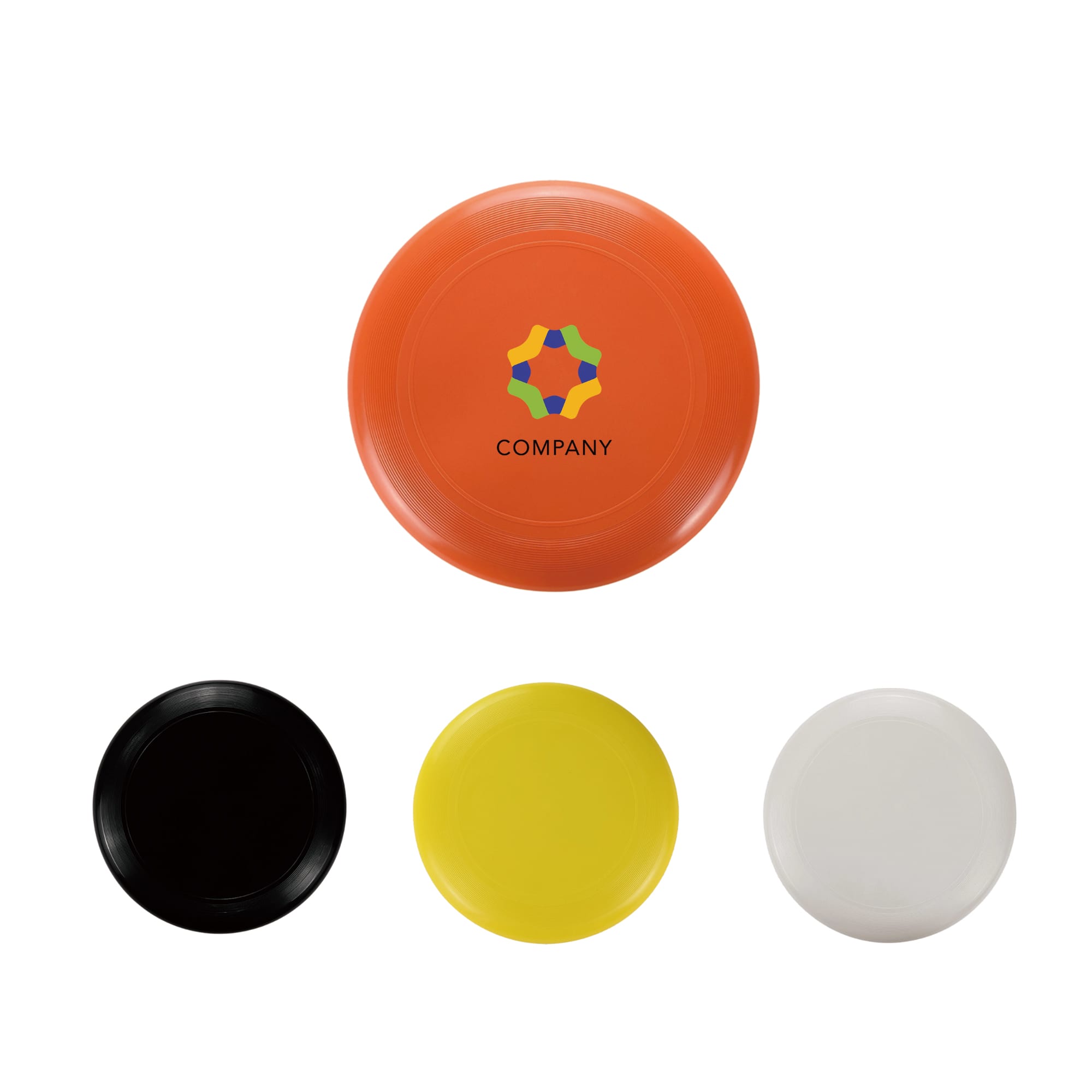 An orange Frisbee with a logo, accompanied by black, yellow, and white Frisbees. PE Frisbee - Image 1