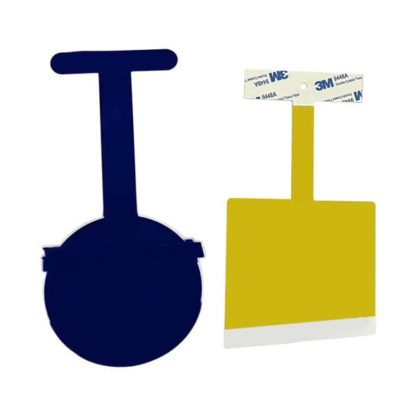 A blue and yellow supermarket shelf wobbler with a flat adhesive base for attachment. A blue and yellow supermarket shelf wobbler with a flat adhesive base for attachment.