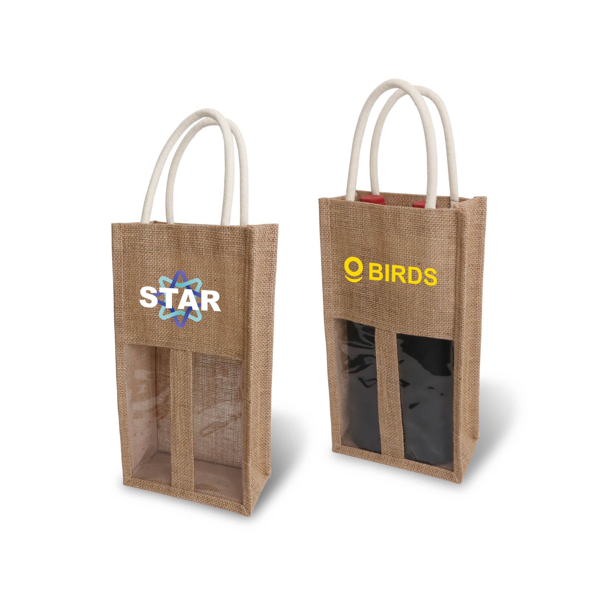 A jute double wine carrier with a window, featuring natural brown fabric and light-coloured handles, with logos. Jute Double Wine Carrier with Window - Image 1