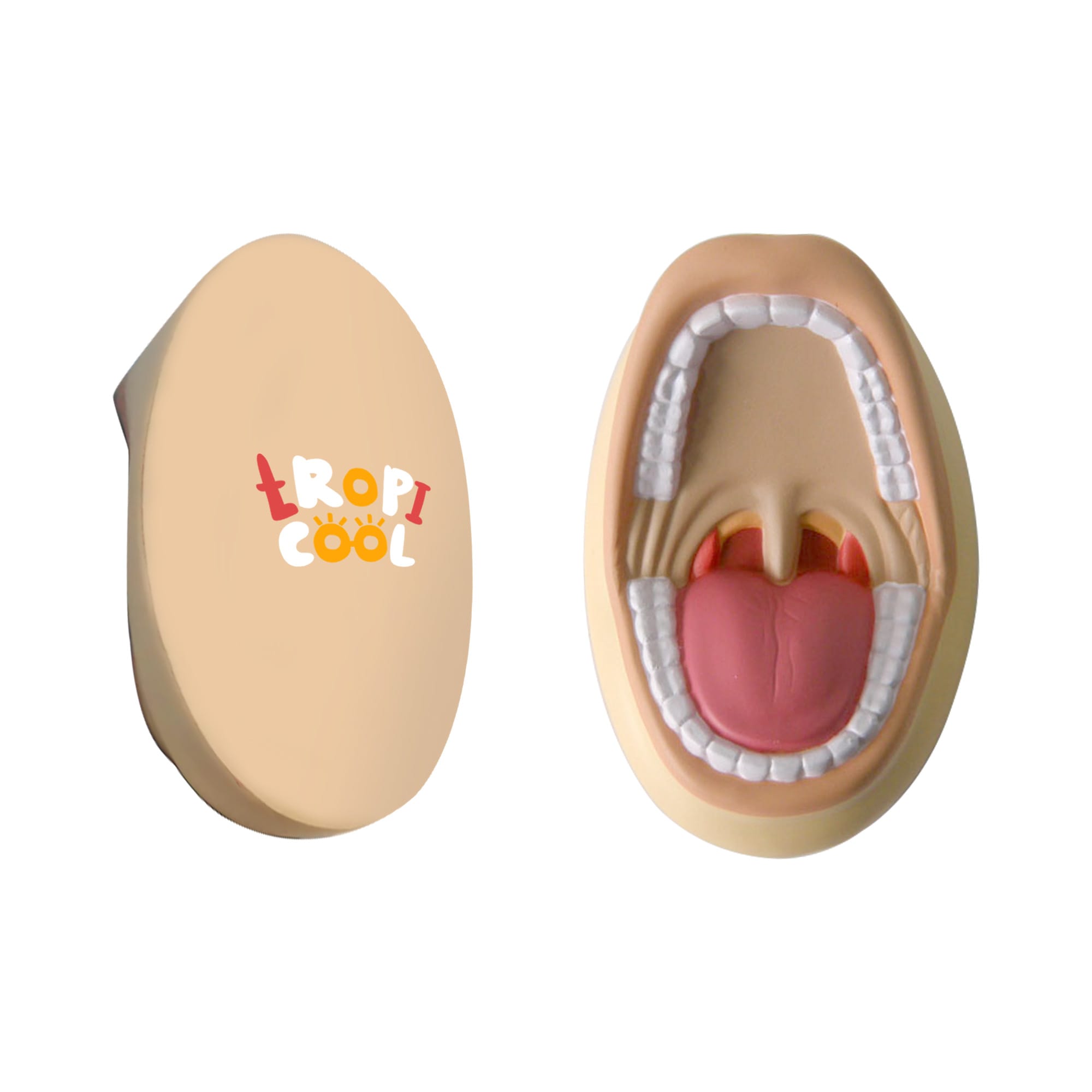 A mouth-shaped stress reliever in flesh tones with detailing on teeth and tongue, featuring a logo. Mouth Shape Stress Reliever - Image 1