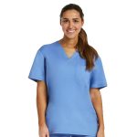 A blue unisex tuckable V-neck top featuring short sleeves and a pocket, with a logo present.