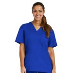 A unisex tuckable V-neck top in a bright blue colour, featuring short sleeves and a chest pocket.