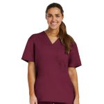 A unisex tuckable V-neck top in burgundy with short sleeves and a pocket, featuring a logo.