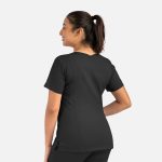 A black women's double V-neck top featuring short sleeves and a relaxed fit, with a logo on the side.