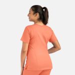 An orange women's double V-neck top, featuring short sleeves and a fitted silhouette, with a visible logo.