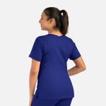 A women's double V-neck top in a deep blue colour, featuring short sleeves and a fitted design.
