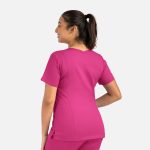 A women's double V-neck top in a vibrant pink colour, featuring a fitted design and short sleeves.