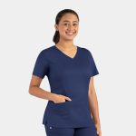 A women's navy double V-neck top with a pocket, featuring a fitted design and short sleeves. Includes a logo.