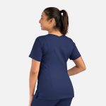 A women's double V-neck top in navy blue, featuring a sleek design and a branding logo on the sleeve.