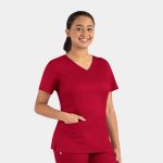 A red women's double V-neck top with short sleeves and a side pocket, featuring a logo.