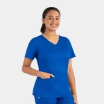 A blue women's double V-neck top with short sleeves and a front pocket, featuring a logo.