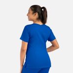 A women's double v-neck top in a vibrant blue colour, featuring short sleeves and a relaxed fit, with branding visible.