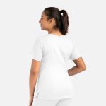 A white women's double V-neck top featuring short sleeves and a fitted design, shown from the back.