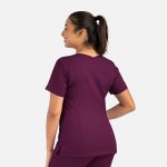A women's double v-neck top in a rich plum colour, featuring a sleek design and a logo.