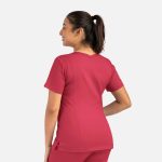 A women's double V-neck top in a rich burgundy colour, featuring short sleeves and a fitted design, with a logo visible.