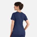 A women's navy blue double V-neck top with a contrasting design at the back and a logo.