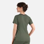 A women's double V-neck top in olive green with a contrasting neckline. The top features short sleeves and a logo.