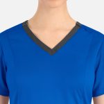 A blue top featuring a contrast double V-neck design with a dark neckline and short sleeves.