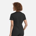 A black women's V-neck top with a tuckable design, featuring a smooth back and short sleeves.