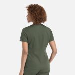 A women's tuckable V-neck top in olive green, featuring a fitted design and a small logo on the sleeve.