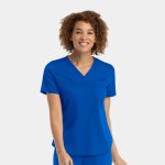 A bright blue women's V-neck top with short sleeves, featuring a slight flare at the hem and a logo.