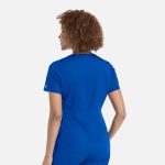 A blue women's V-neck top with short sleeves, featuring a logo on the side.