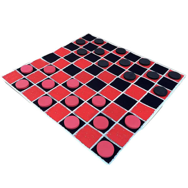 A large checkers board with red and black squares, featuring pink and black round pieces. It has a logo in one corner. A large checkers board with red and black squares, featuring pink and black round pieces. It has a logo in one corner.