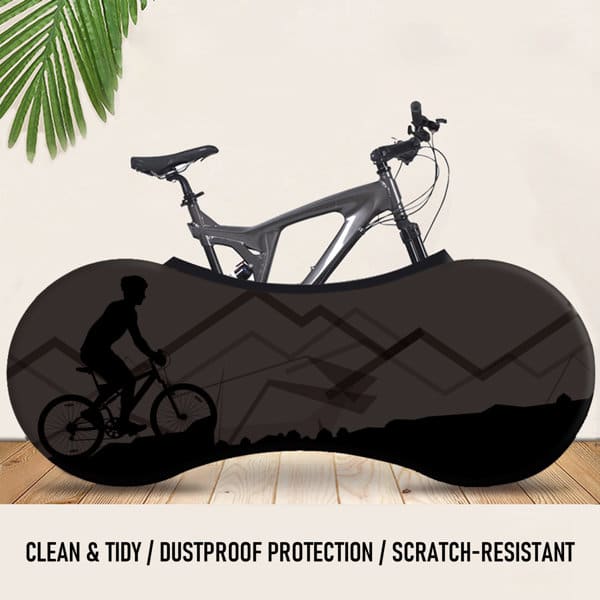 A pair of sleek black compact waterproof bicycle wheel covers featuring a cyclist silhouette. Includes a logo. A pair of sleek black compact waterproof bicycle wheel covers featuring a cyclist silhouette. Includes a logo.