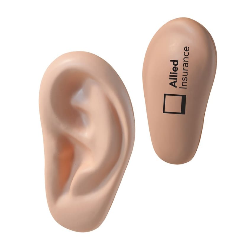 An ear-shaped stress reliever in a skin tone, featuring a logo. Perfect for stress relief and fun keyring accessory. Ear Shape Stress Reliever - Image 1