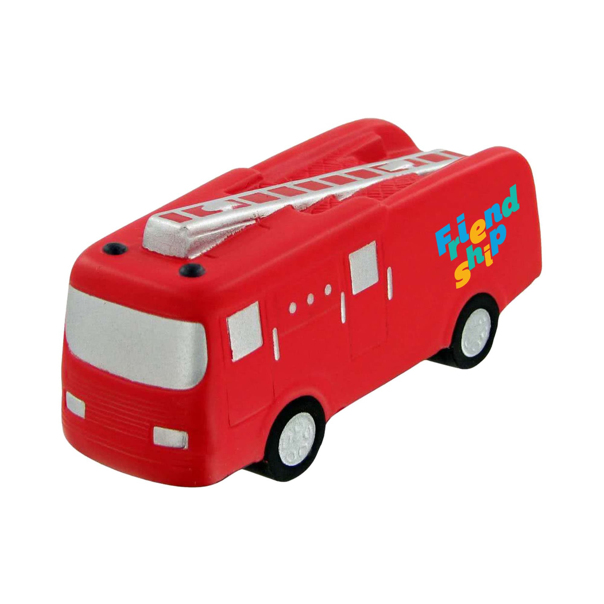 A red fire truck-shaped stress reliever with black wheels and silver detailing on top, featuring a logo. Fire Truck Shape Stress Reliever - Image 1