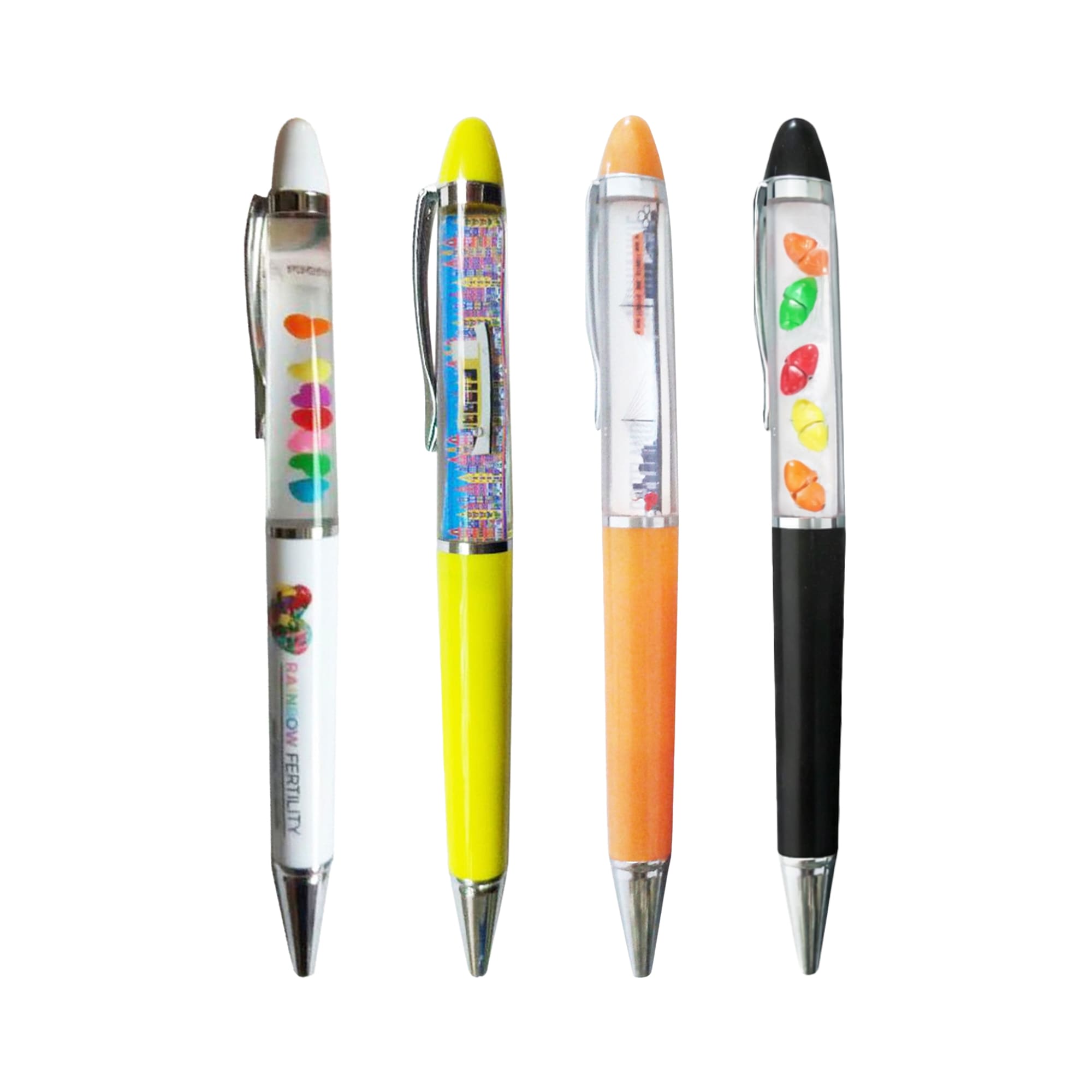 A collection of four floating pens in white, yellow, orange, and black, featuring various colourful designs inside. Floating Pen - Image 1