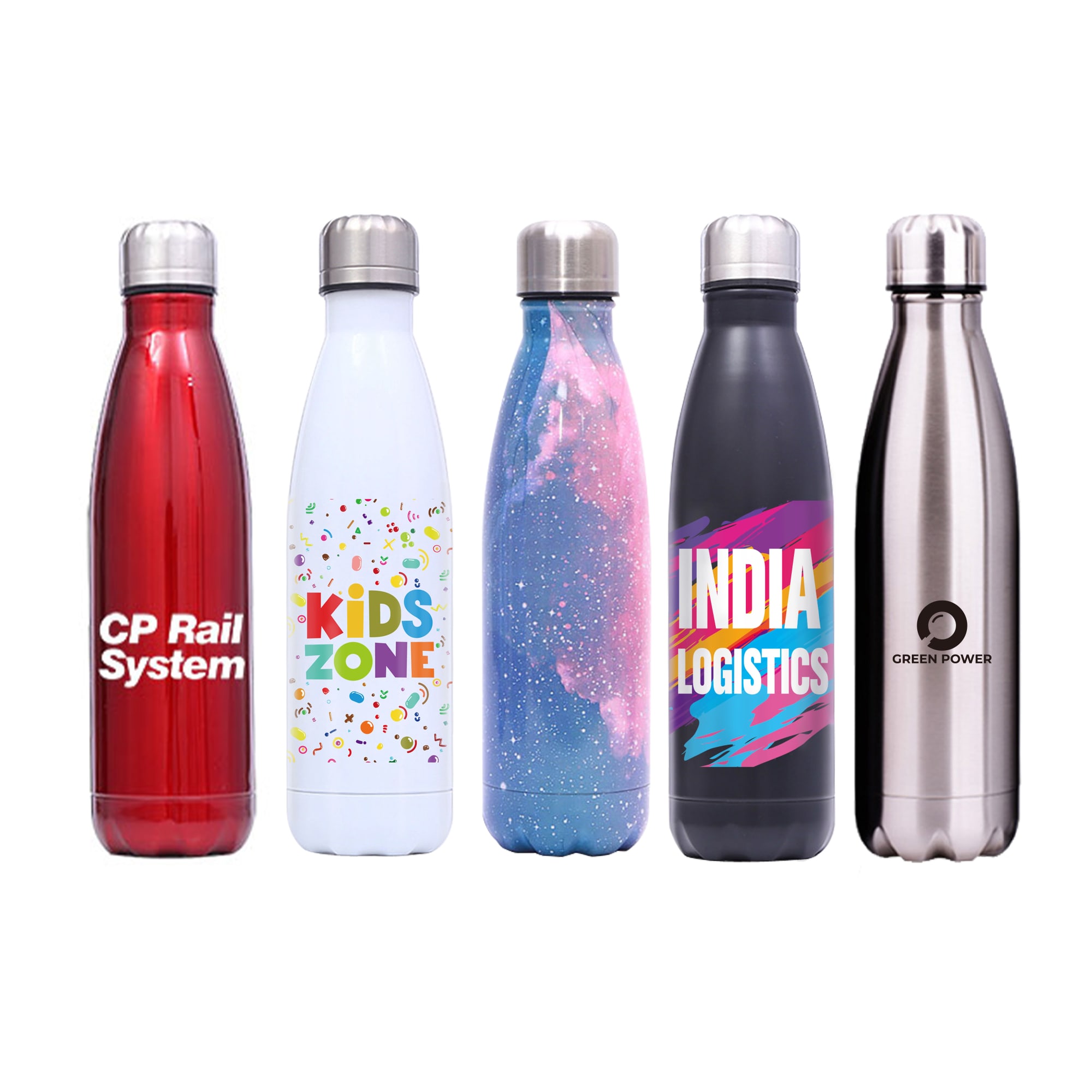 A drink bottle collection featuring a red, white, blue, black, and stainless steel design, each with unique branding. 500ml Double Wall Swig Stainless Steel Bottle - Image 1