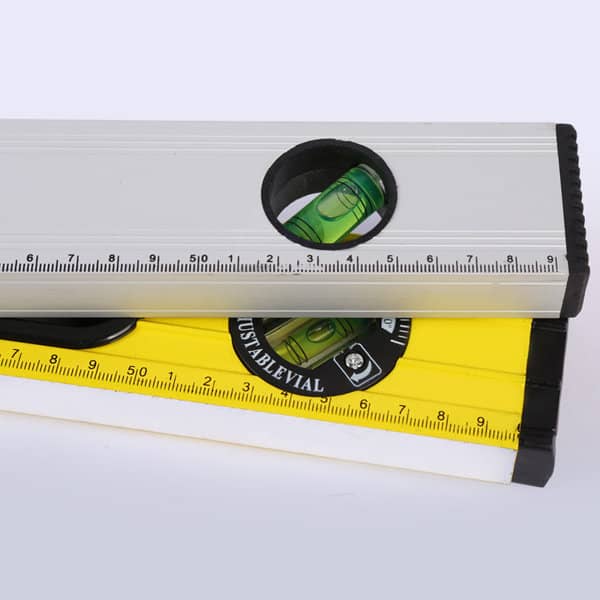 Aluminium alloy spirit levels in silver and yellow, featuring circular vials and measurement markings. One includes a logo. Aluminium alloy spirit levels in silver and yellow, featuring circular vials and measurement markings. One includes a logo.