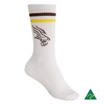 A white sport crew sock with a logo, featuring a ribbed design and a cushioned sole.