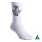 Light blue sports crew socks with black branding printed on the sides, featuring a ribbed texture at the top.