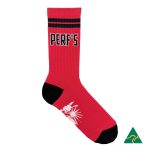 A white sports crew sock with black and yellow stripes and a logo at the top.