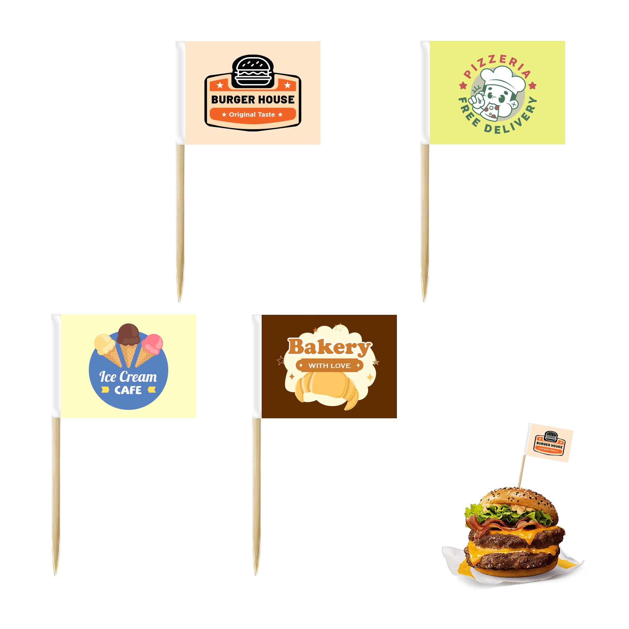 A pack of 100 paper flags featuring various designs in colours like yellow, orange, and brown, with branding elements. Pack of 100 Labeling Coated Paper Flags - Image 1
