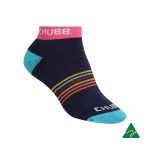 An ankle sock with blue, white, and navy colours, featuring a playful design and a logo.