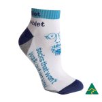 A pair of white anklet socks with a blue band featuring a logo.
