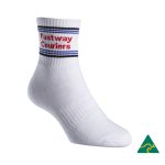 Quarter socks in white with a striped top feature and a logo. Ideal for sports activities.