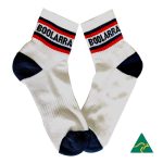 Premium cotton sports quarter socks featuring white and navy colours with a striped design and a logo.