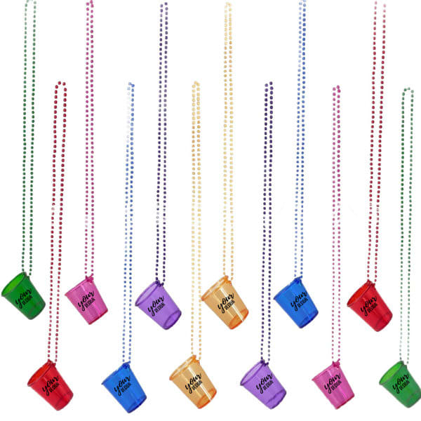 A variety of colourful shot glass bead necklaces in purple, pink, orange, green, and blue with attached beaded strings. A variety of colourful shot glass bead necklaces in purple, pink, orange, green, and blue with attached beaded strings.