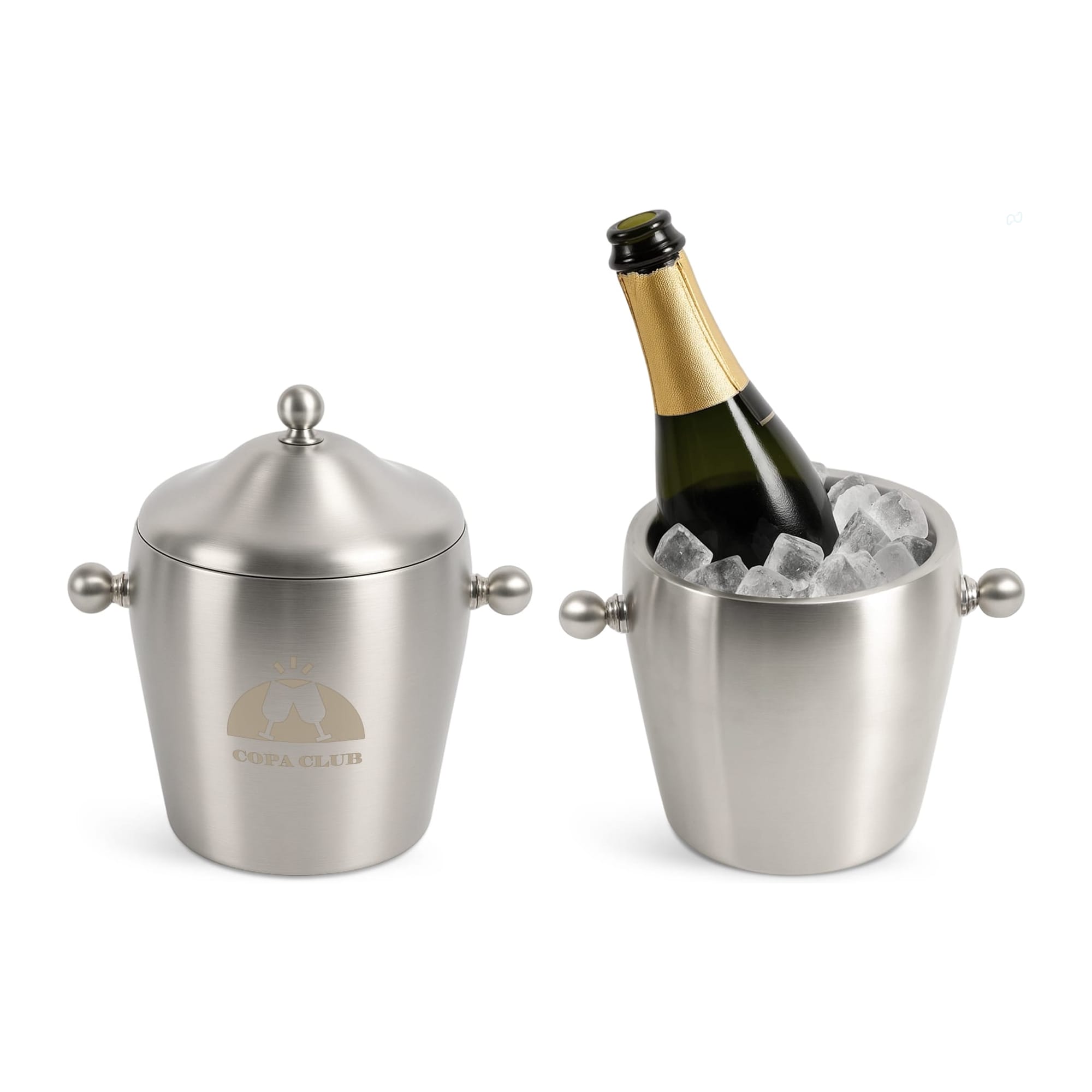 A stainless steel ice bucket with a polished finish, featuring a lid and a champagne bottle surrounded by ice. Stainless Steel Ice Bucket - Image 1