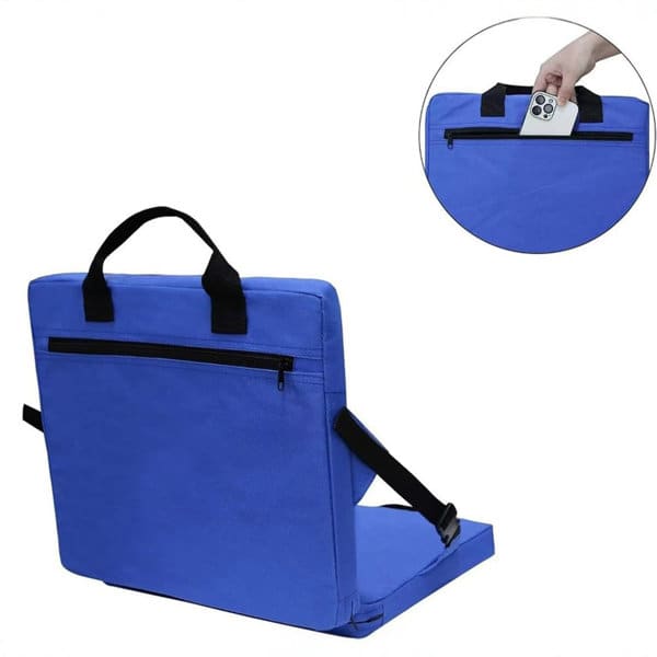 A blue foldable stadium seat cushion with a handle and a zippered pocket. Features adjustable straps for securing. A blue foldable stadium seat cushion with a handle and a zippered pocket. Features adjustable straps for securing.
