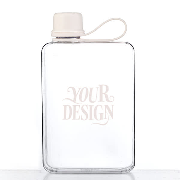 A drink bottle in a rectangular shape, transparent with a white lid and strap, featuring a blank space for custom design. A drink bottle in a rectangular shape, transparent with a white lid and strap, featuring a blank space for custom design.