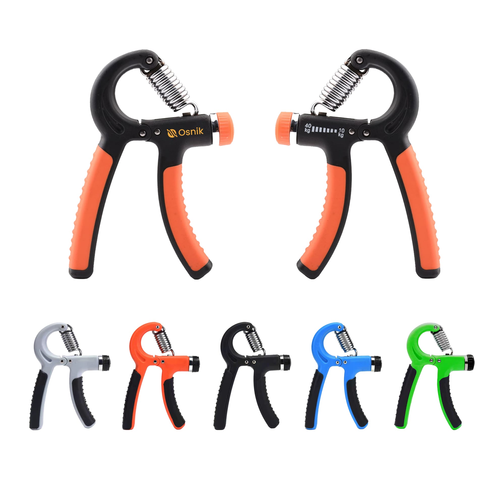A pair of adjustable hand grips in black and orange, with additional grips in grey, blue, and green. Each has a logo. Powerful Adjustable Hand Grip - Image 1